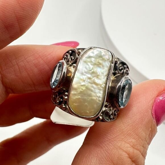 Genuine pearl and blue topaz in sterling silver ring! - Picture 10 of 13